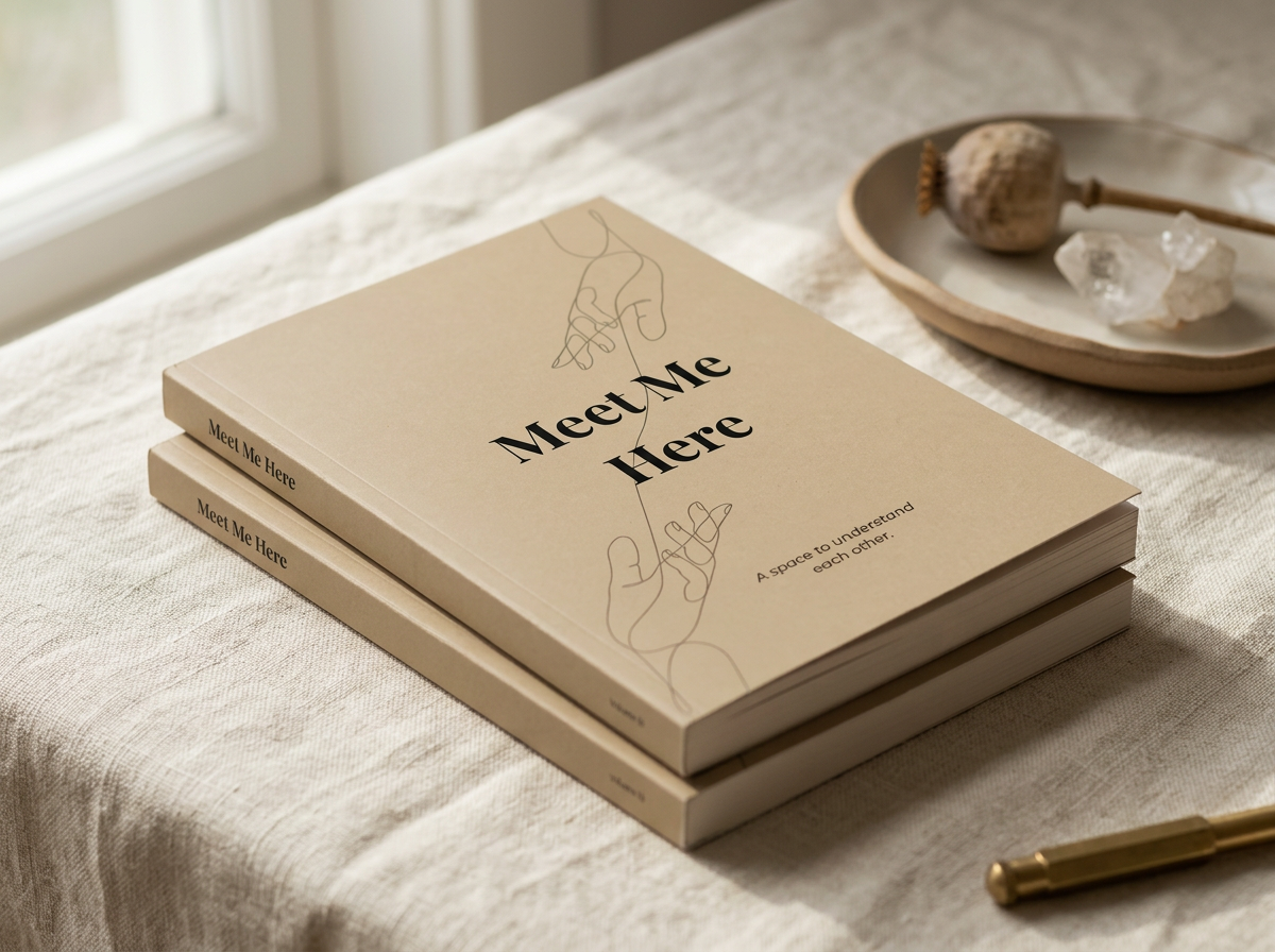 Two linen-bound couples journals resting on warm stone
