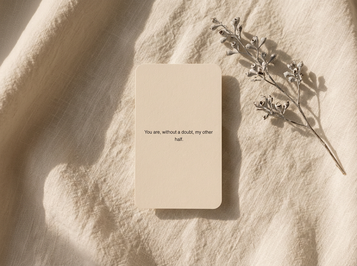 Small ecru leave-behind cards beside a dried flower on linen
